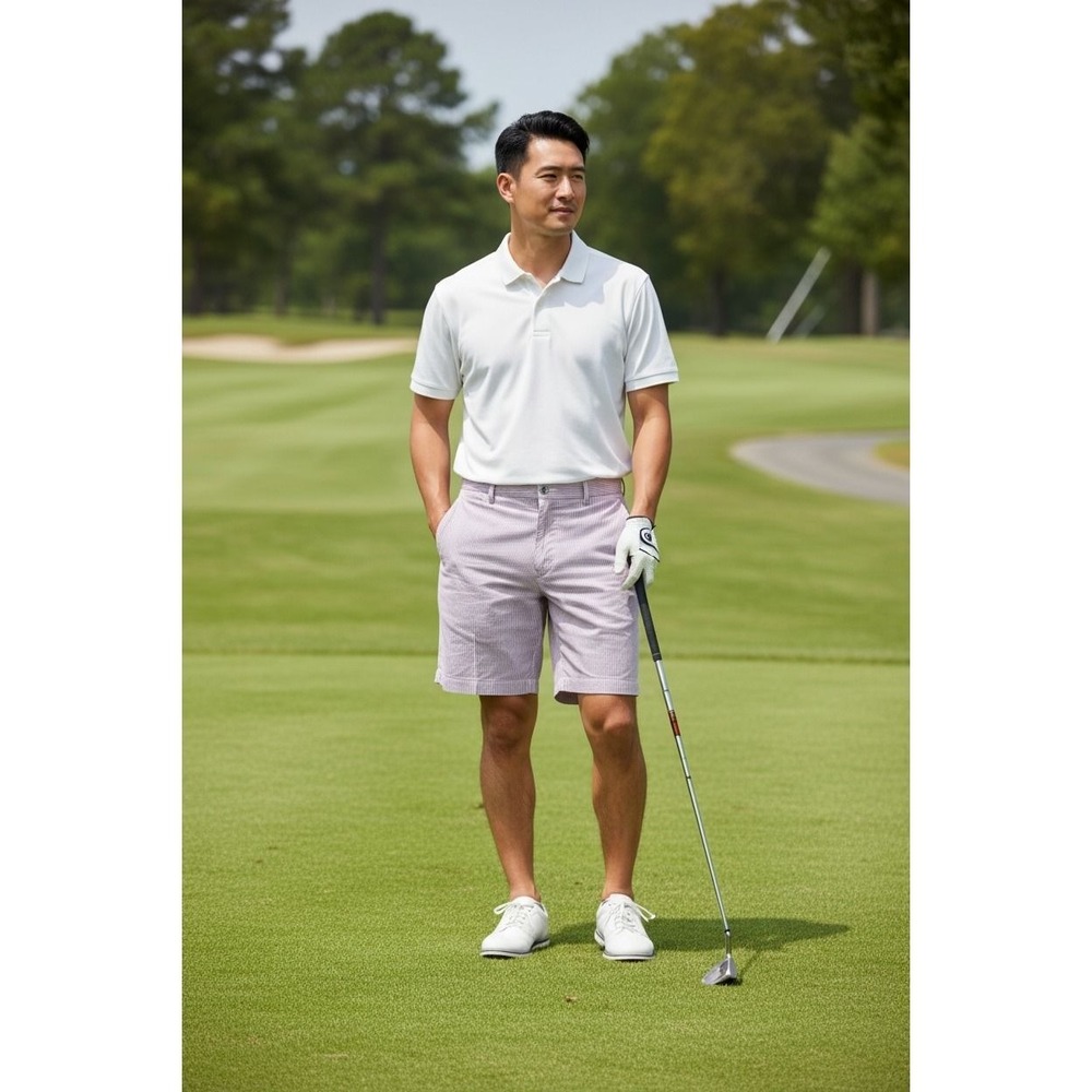 Oxford Golf Chino Shorts Men's‎ 40 Purple White Striped Stretch Flat seersucker